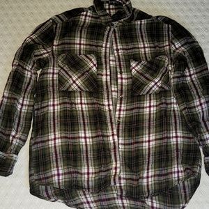 Woman's olive green and maroon plaid button-up